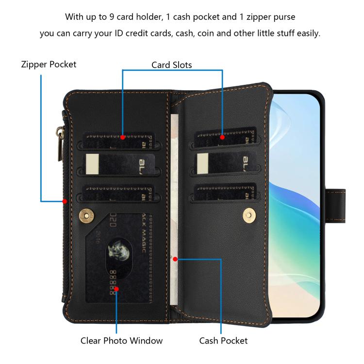 For Google Pixel 10 Pro XL 5G Magnetic Closure 9 Card Slots Zipper Leather Case with Hand Strap(Black) - Google Cases by buy2fix | Online Shopping UK | buy2fix