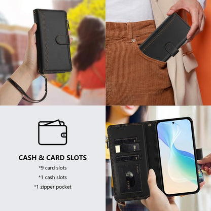 For Google Pixel 10 Pro XL 5G Magnetic Closure 9 Card Slots Zipper Leather Case with Hand Strap(Black) - Google Cases by buy2fix | Online Shopping UK | buy2fix