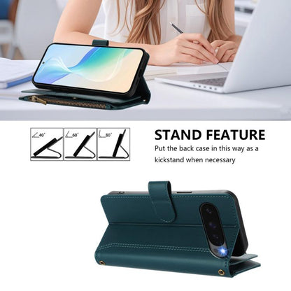 For Google Pixel 10 Pro XL 5G Magnetic Closure 9 Card Slots Zipper Leather Case with Hand Strap(Dark Green) - Google Cases by buy2fix | Online Shopping UK | buy2fix