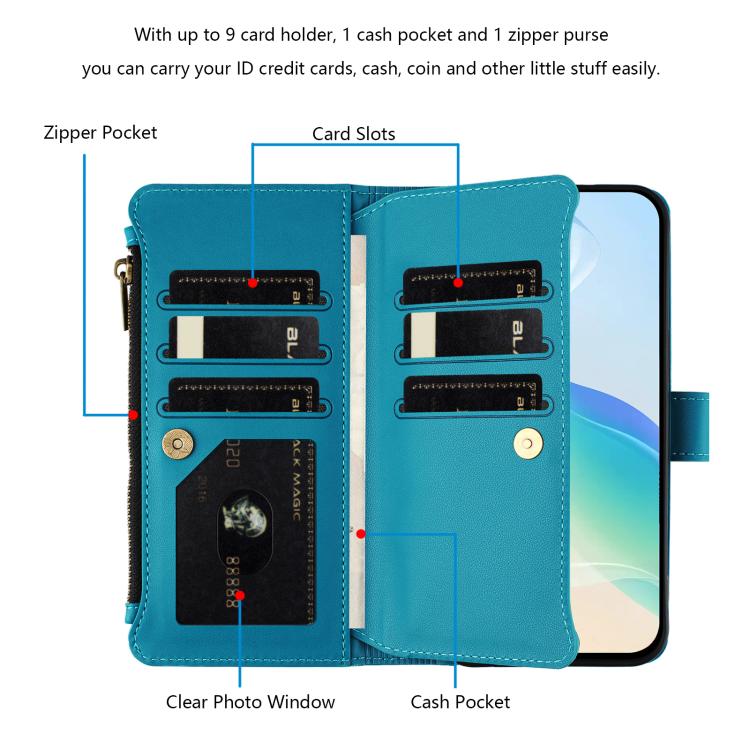 For Google Pixel 10 Pro XL 5G Magnetic Closure 9 Card Slots Zipper Leather Case with Hand Strap(Turquoise) - Google Cases by buy2fix | Online Shopping UK | buy2fix