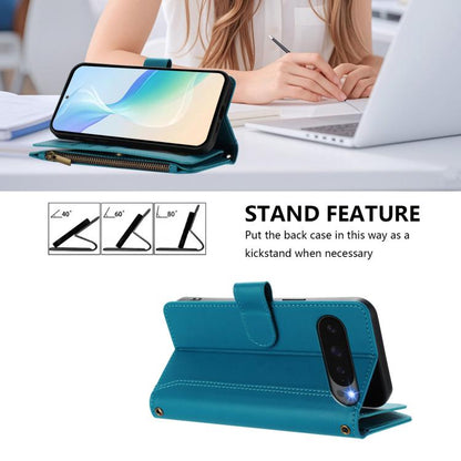 For Google Pixel 10 Pro XL 5G Magnetic Closure 9 Card Slots Zipper Leather Case with Hand Strap(Turquoise) - Google Cases by buy2fix | Online Shopping UK | buy2fix