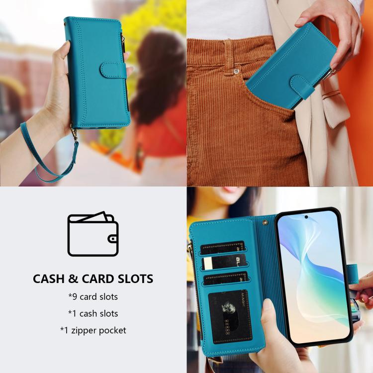 For Google Pixel 10 Pro XL 5G Magnetic Closure 9 Card Slots Zipper Leather Case with Hand Strap(Turquoise) - Google Cases by buy2fix | Online Shopping UK | buy2fix