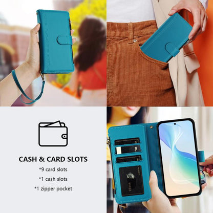 For Google Pixel 10 Pro XL 5G Magnetic Closure 9 Card Slots Zipper Leather Case with Hand Strap(Turquoise) - Google Cases by buy2fix | Online Shopping UK | buy2fix