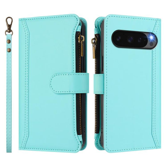 For Google Pixel 10 Pro XL 5G Magnetic Closure 9 Card Slots Zipper Leather Case with Hand Strap(Mint Green) - Google Cases by buy2fix | Online Shopping UK | buy2fix