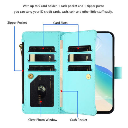 For Google Pixel 10 Pro XL 5G Magnetic Closure 9 Card Slots Zipper Leather Case with Hand Strap(Mint Green) - Google Cases by buy2fix | Online Shopping UK | buy2fix