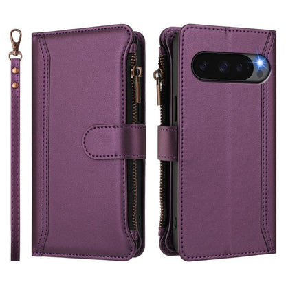 For Google Pixel 10 Pro XL 5G Magnetic Closure 9 Card Slots Zipper Leather Case with Hand Strap(Purple) - Google Cases by buy2fix | Online Shopping UK | buy2fix