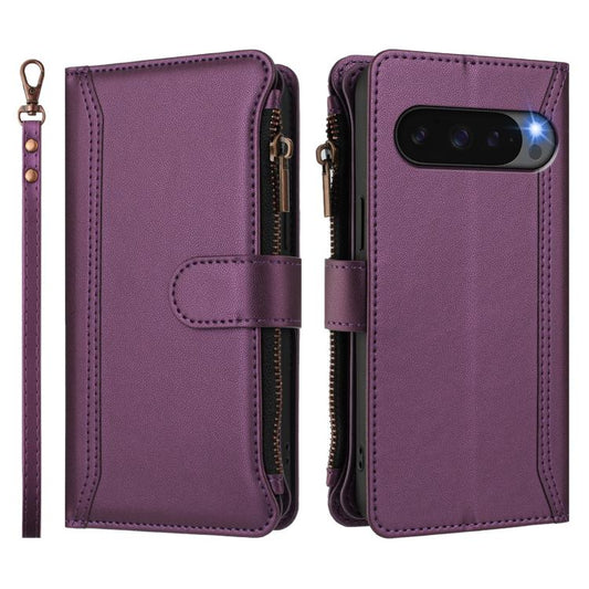 For Google Pixel 10 Pro XL 5G Magnetic Closure 9 Card Slots Zipper Leather Case with Hand Strap(Purple) - Google Cases by buy2fix | Online Shopping UK | buy2fix