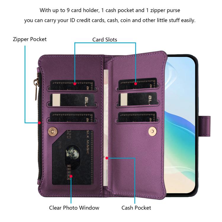 For Google Pixel 10 Pro XL 5G Magnetic Closure 9 Card Slots Zipper Leather Case with Hand Strap(Purple) - Google Cases by buy2fix | Online Shopping UK | buy2fix