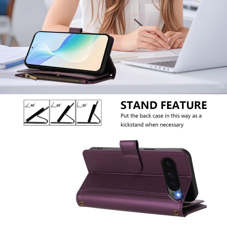 For Google Pixel 10 Pro XL 5G Magnetic Closure 9 Card Slots Zipper Leather Case with Hand Strap(Purple) - Google Cases by buy2fix | Online Shopping UK | buy2fix