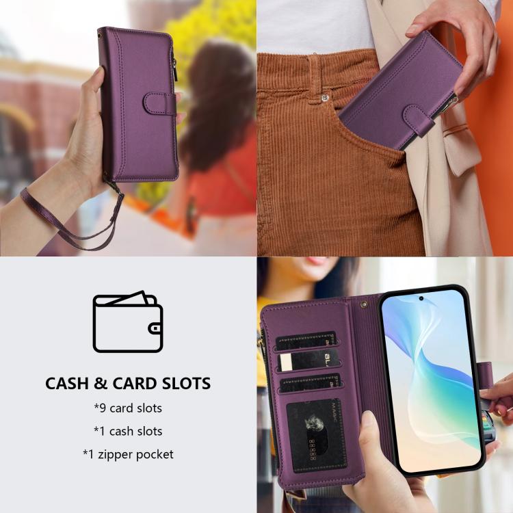 For Google Pixel 10 Pro XL 5G Magnetic Closure 9 Card Slots Zipper Leather Case with Hand Strap(Purple) - Google Cases by buy2fix | Online Shopping UK | buy2fix