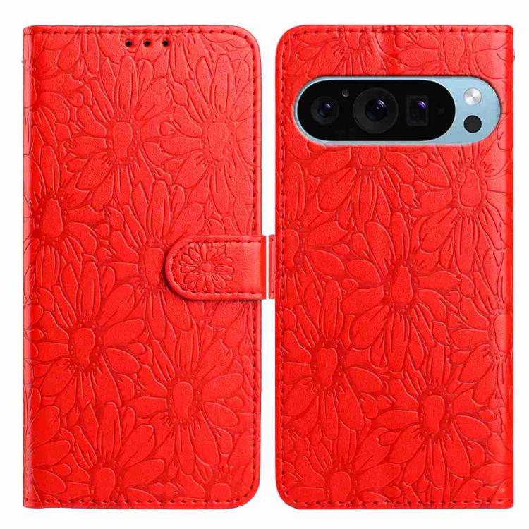 For Google Pixel 10 Pro Daisy Embossed Leather Phone Case(Red) - Google Cases by buy2fix | Online Shopping UK | buy2fix