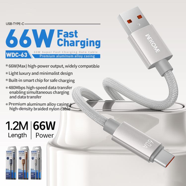 WK WDC-63a 66W USB to Type-C Fast Charging Data Cable, Length: 1.2m(Grey) - USB-C & Type-C Cable by WK | Online Shopping UK | buy2fix