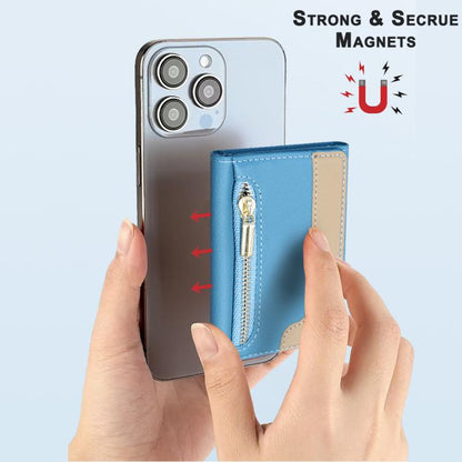 Zipper Leather Horizontal Magnetic Wallet Card Bag Case(Light Blue) - Adhesive Card Holders by buy2fix | Online Shopping UK | buy2fix