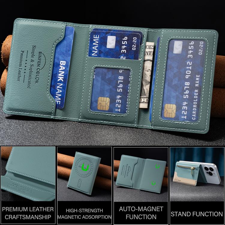 Zipper Leather Horizontal Magnetic Wallet Card Bag Case(Green) - Adhesive Card Holders by buy2fix | Online Shopping UK | buy2fix