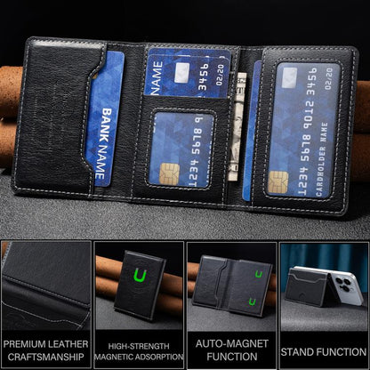 Oily Leather Horizontal Magnetic Wallet Card Bag Case(Black) - Adhesive Card Holders by buy2fix | Online Shopping UK | buy2fix