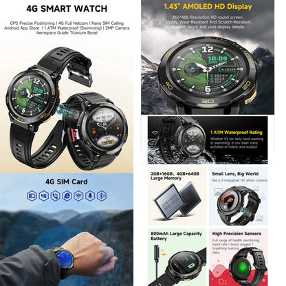 UNIWA DM300 4G Android Watch Phone, 2GB+16GB, 1.43 inc Unisoc SL8541E Quad Core, Support Heart Rate / Blood Oxygen(Black) - Smart Watches by UNIWA | Online Shopping UK | buy2fix
