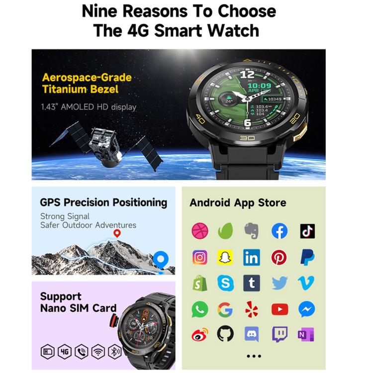 UNIWA DM300 4G Android Watch Phone, 2GB+16GB, 1.43 inc Unisoc SL8541E Quad Core, Support Heart Rate / Blood Oxygen(Black) - Smart Watches by UNIWA | Online Shopping UK | buy2fix