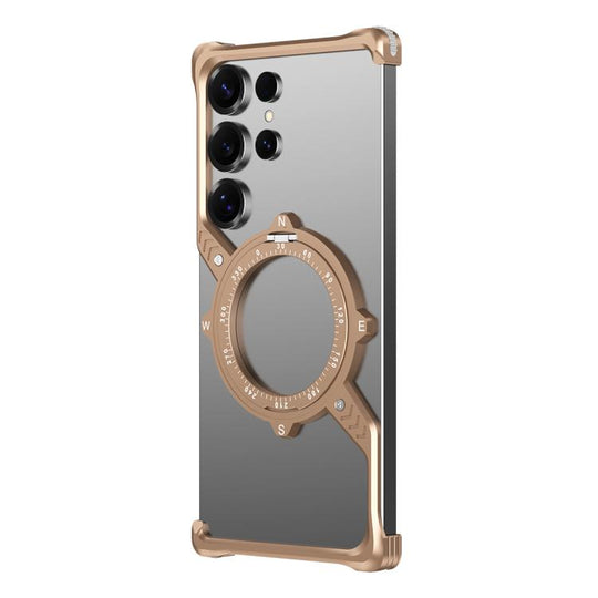 For Samsung Galaxy S23 Ultra 5G S Shaped 360 Holder Airbag Frameless Metal Phone Case(Desert Gold)