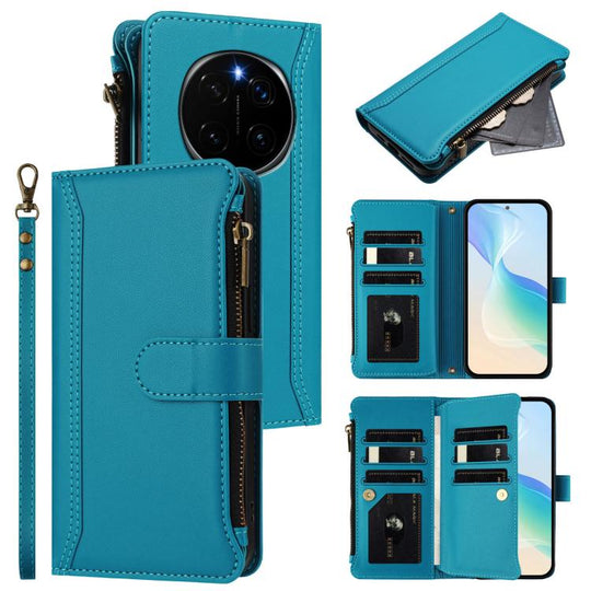 For Honor Magic7 Pro 5G Magnetic Closure 9 Card Slots Zipper Leather Case with Hand Strap(Turquoise)