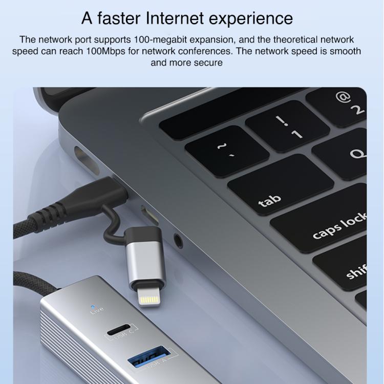 Type-C / 8 Pin to Type-C RJ45 USB-A HUB Expand Converter(Silver) - USB HUB by buy2fix | Online Shopping UK | buy2fix