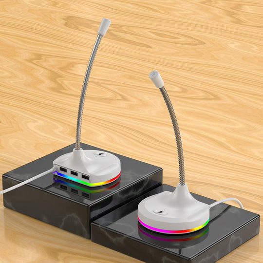 USB Multi-function Microphone RGB Light Built-in Sound Card(White)