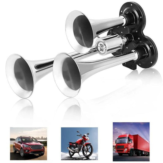 12V / 24V 600dB Car / Truck 3-Trumpet Super Loud Electric Horn, with M6 Air Nozzle and Leather Hose(Silver) - Security Alarm System by buy2fix | Online Shopping UK | buy2fix