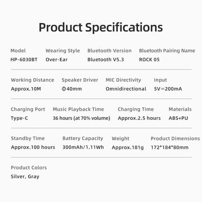 ROCK O5 Head-mounted Bluetooth 5.3 Wireless Headphones(Silver) - Headset & Headphone by ROCK | Online Shopping UK | buy2fix