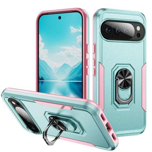 For Google Pixel 10 Pro XL Pioneer Armor Heavy Duty PC + TPU Phone Case with Holder(Green+Pink) - Google Cases by buy2fix | Online Shopping UK | buy2fix