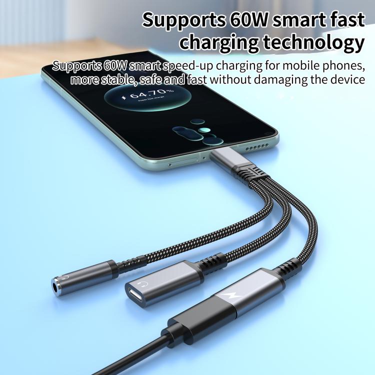 Type-C to 3.5mm and Type-C Charging Audio Adapter Cable(Grey) - Earphone Adapter by buy2fix | Online Shopping UK | buy2fix