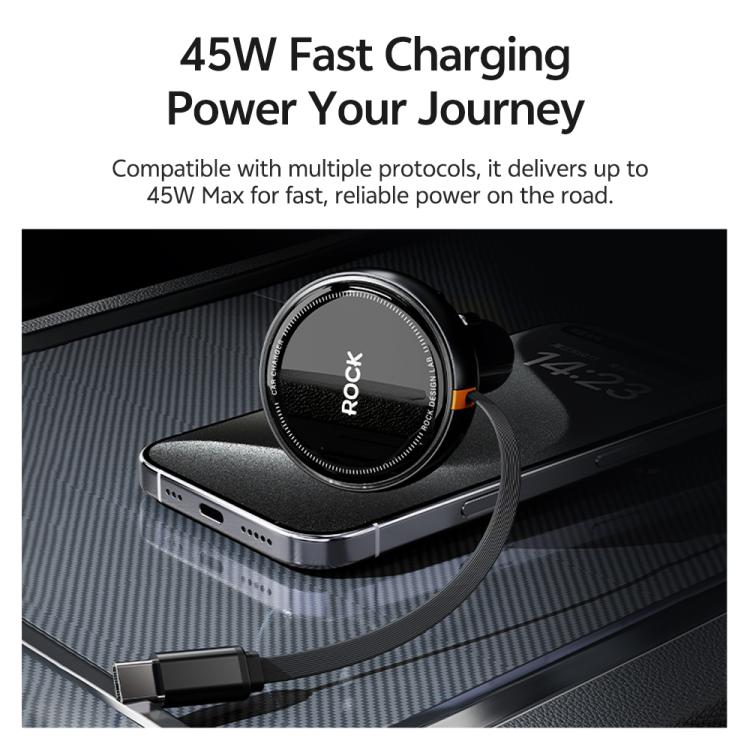 ROCK H30 45W USB-A Type-C Ports Car Charger with Retractable Type-C Cable(Black) - Car Charger by ROCK | Online Shopping UK | buy2fix