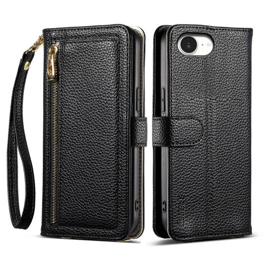 For iPhone 17e / 16e ESEBLE E11 Colorful Litchi Pattern Zipper Wallet Leather Phone Case(Black)