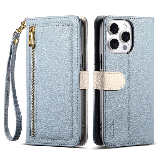 For iPhone 16 Pro Max ESEBLE E11 Colorful Litchi Pattern Zipper Wallet Leather Phone Case(Sky Blue)