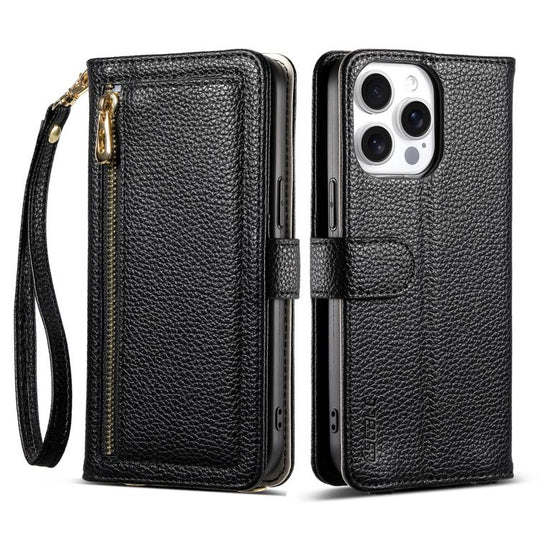 For iPhone 16 Pro ESEBLE E11 Colorful Litchi Pattern Zipper Wallet Leather Phone Case(Black)