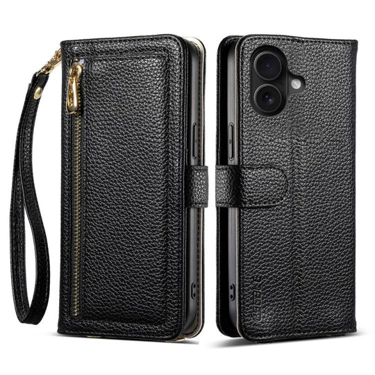 For iPhone 16 ESEBLE E11 Colorful Litchi Pattern Zipper Wallet Leather Phone Case(Black)