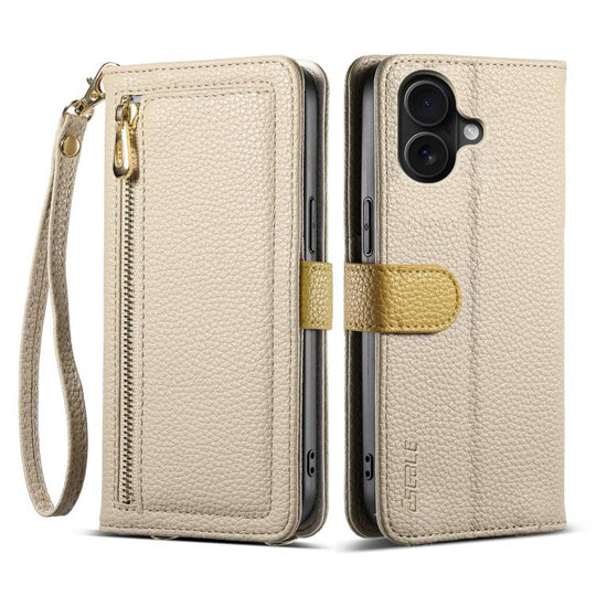 For iPhone 16 ESEBLE E11 Colorful Litchi Pattern Zipper Wallet Leather Phone Case(Khaki)