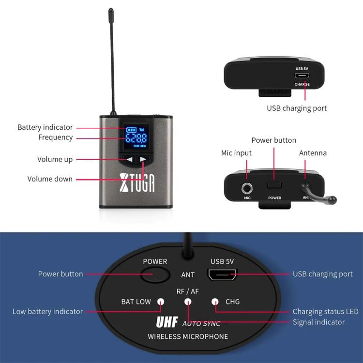 XTUGA  A1 UHF Wireless Headset Lavalier Microphone System with Bodypack Transmitter(Black) - Microphone by XTUGA | Online Shopping UK | buy2fix