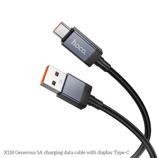 hoco X118 Generous 1m 5A Fast Charging Data Cable with Display, Interface:USB to Type-C(Black) - USB-C & Type-C Cable by hoco | Online Shopping UK | buy2fix