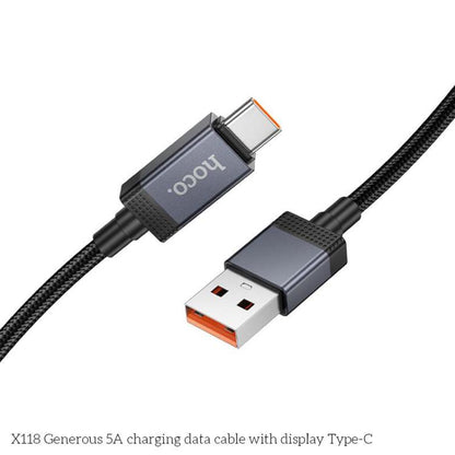 hoco X118 Generous 1m 5A Fast Charging Data Cable with Display, Interface:USB to Type-C(Black) - USB-C & Type-C Cable by hoco | Online Shopping UK | buy2fix