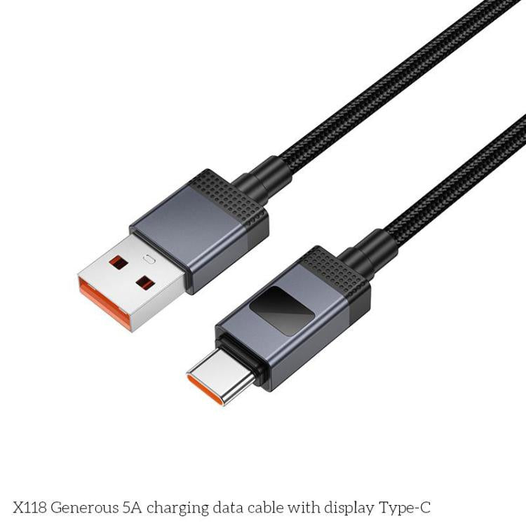 hoco X118 Generous 1m 5A Fast Charging Data Cable with Display, Interface:USB to Type-C(Black) - USB-C & Type-C Cable by hoco | Online Shopping UK | buy2fix