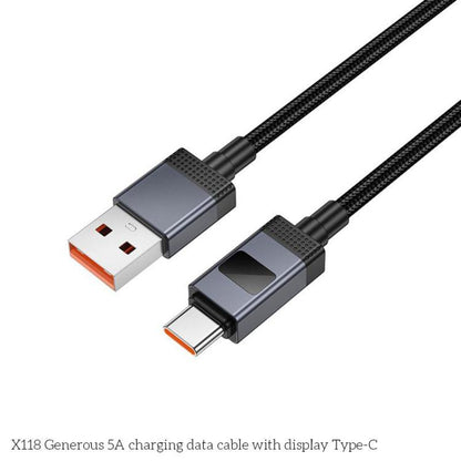 hoco X118 Generous 1m 5A Fast Charging Data Cable with Display, Interface:USB to Type-C(Black) - USB-C & Type-C Cable by hoco | Online Shopping UK | buy2fix