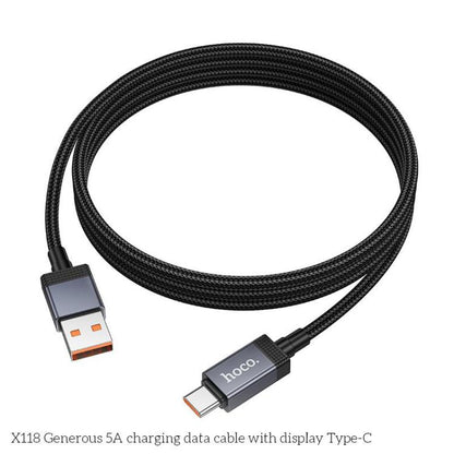 hoco X118 Generous 1m 5A Fast Charging Data Cable with Display, Interface:USB to Type-C(Black) - USB-C & Type-C Cable by hoco | Online Shopping UK | buy2fix