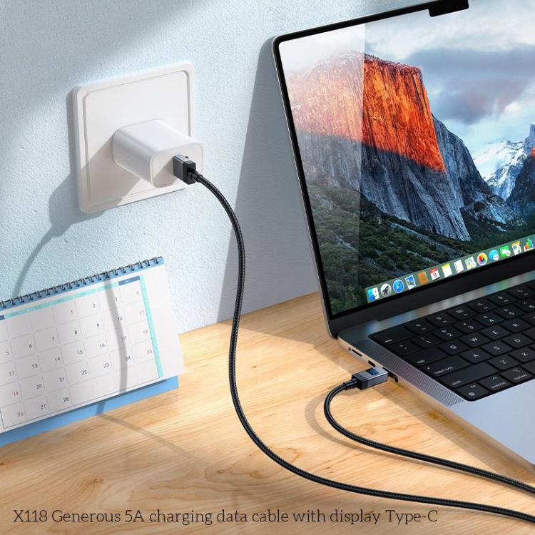 hoco X118 Generous 1m 5A Fast Charging Data Cable with Display, Interface:USB to Type-C(Black) - USB-C & Type-C Cable by hoco | Online Shopping UK | buy2fix