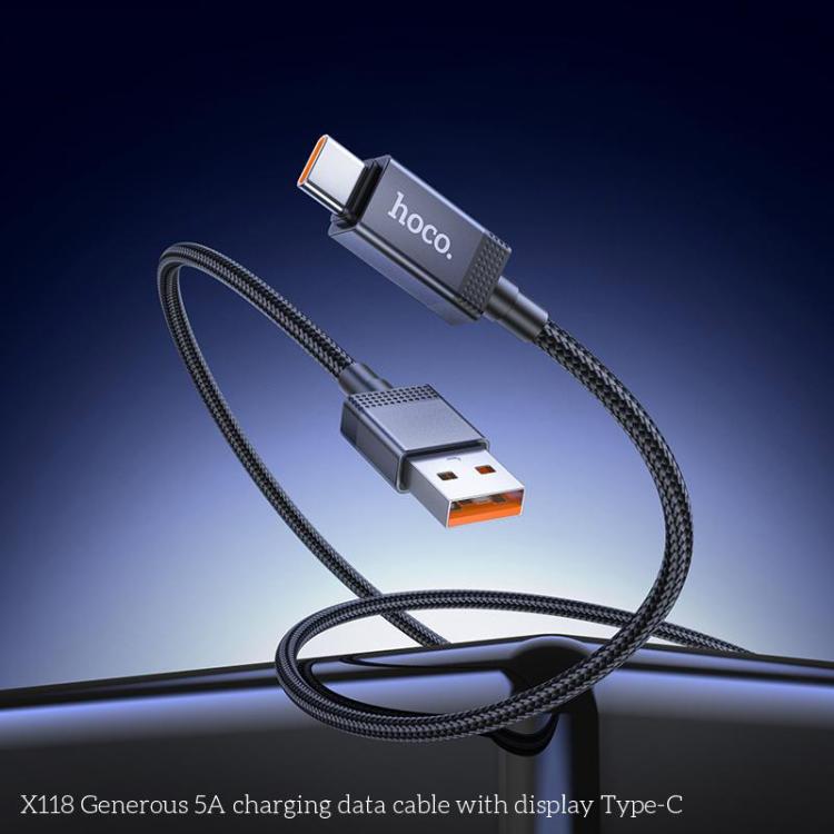 hoco X118 Generous 1m 5A Fast Charging Data Cable with Display, Interface:USB to Type-C(Black) - USB-C & Type-C Cable by hoco | Online Shopping UK | buy2fix