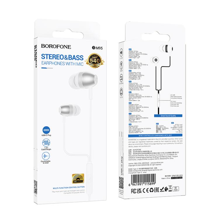 Borofone BM95 Excepcional Type-C Interface Universal Digital Wired Earphones with Microphone, Length: 1.2m(Silver) - Normal Style Earphone by Borofone | Online Shopping UK | buy2fix