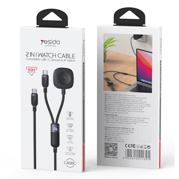 Yesido CA136C 60W USB-C / Type-C to Type-C & iWatch 2 in 1 Charging Cable, Length:1.2m(Black) - Charger / Holder by Yesido | Online Shopping UK | buy2fix
