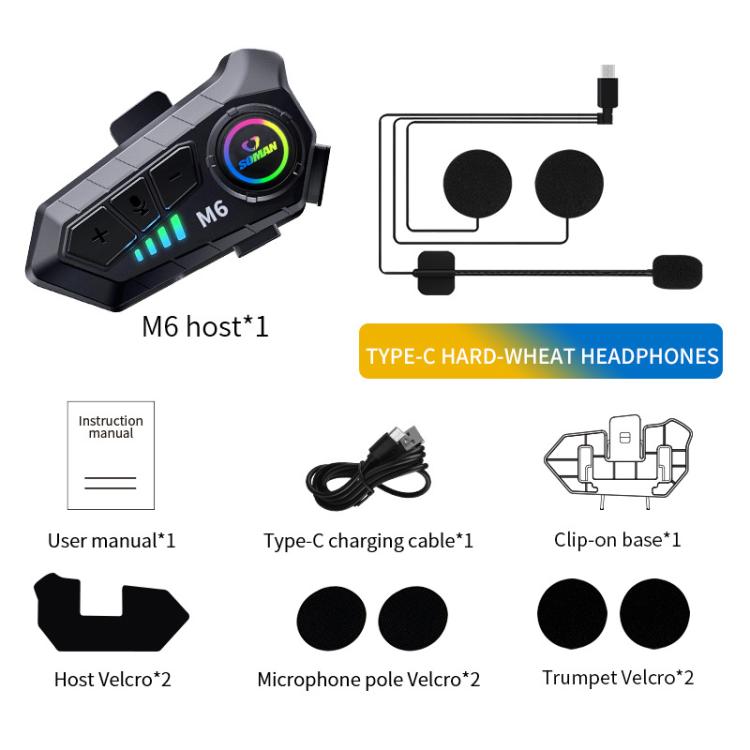 SOMAN Motorcycle Helmet Bluetooth Headset Stereo Voice Microphone, Style:M6-Hard Mic - Motorcycle Walkie Talkie by SOMAN | Online Shopping UK | buy2fix