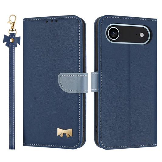 For iPhone Air Metal Bow Leather Phone Case with Hand Strap(Dark Blue) - iPhone Air Cases by buy2fix | Online Shopping UK | buy2fix
