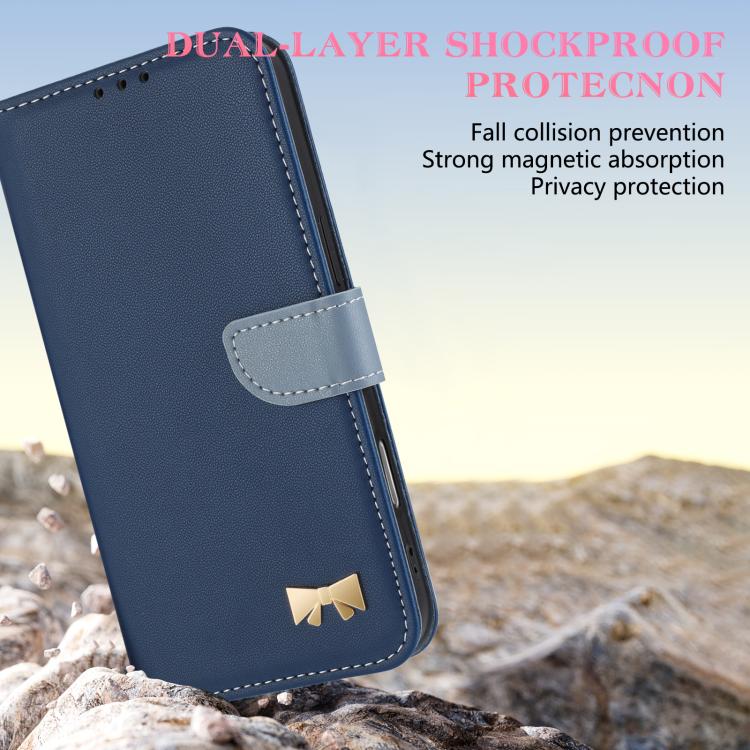 For iPhone Air Metal Bow Leather Phone Case with Hand Strap(Dark Blue) - iPhone Air Cases by buy2fix | Online Shopping UK | buy2fix