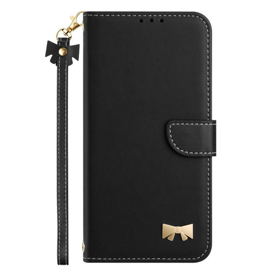 For iPhone Air Metal Bow Leather Phone Case with Hand Strap(Black) - iPhone Air Cases by buy2fix | Online Shopping UK | buy2fix