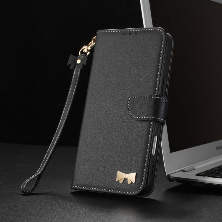 For iPhone Air Metal Bow Leather Phone Case with Hand Strap(Black) - iPhone Air Cases by buy2fix | Online Shopping UK | buy2fix